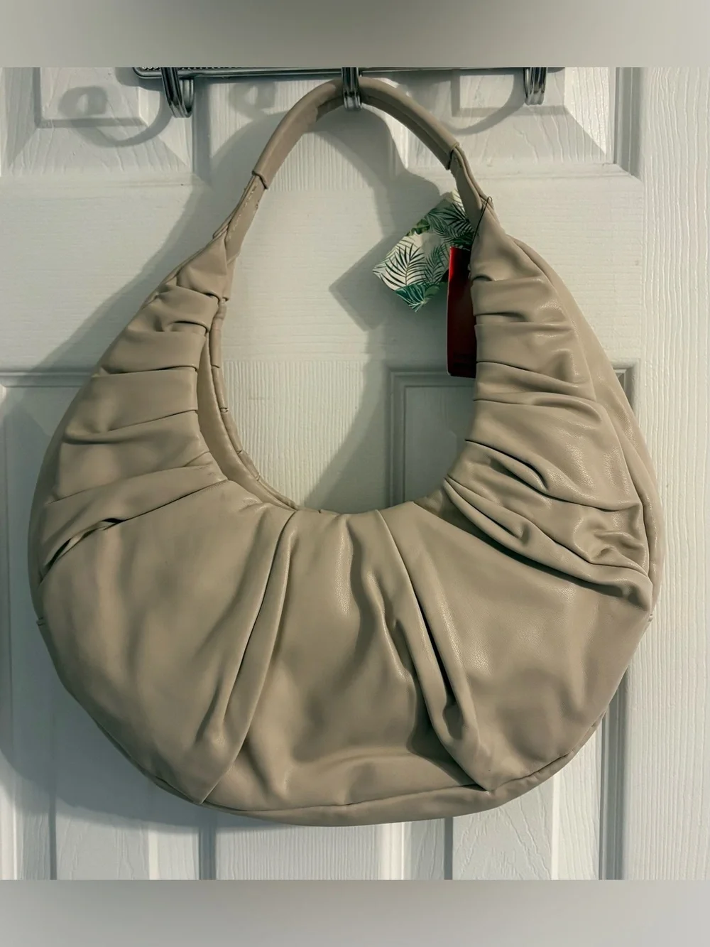 BADGLEY MISCHKA Off-White Ruched Pleated Vegan Leather Crescent Hobo Bag